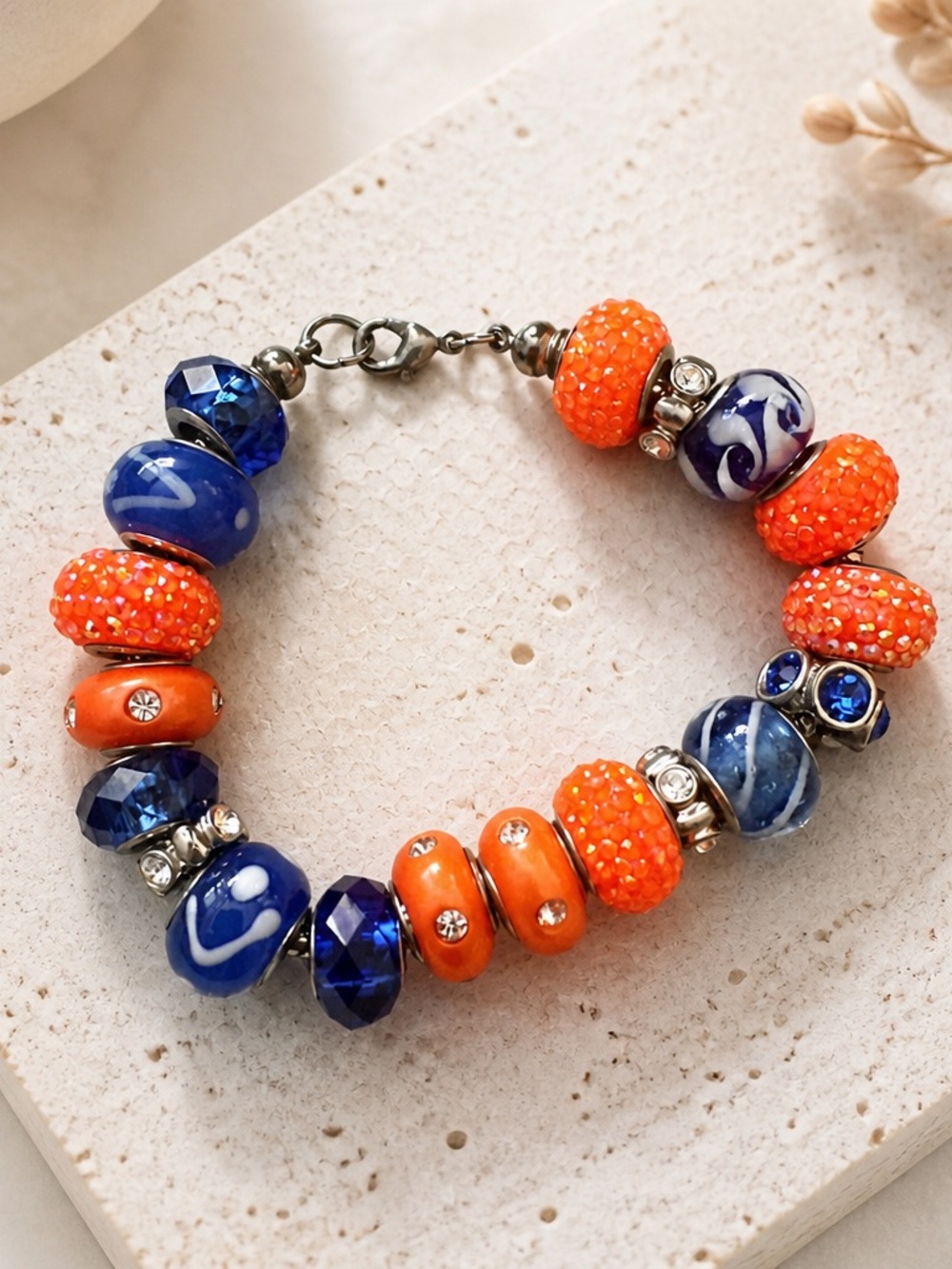 Handmade Blue & Orange Beaded Charm Bracelet - Women's Jewelry